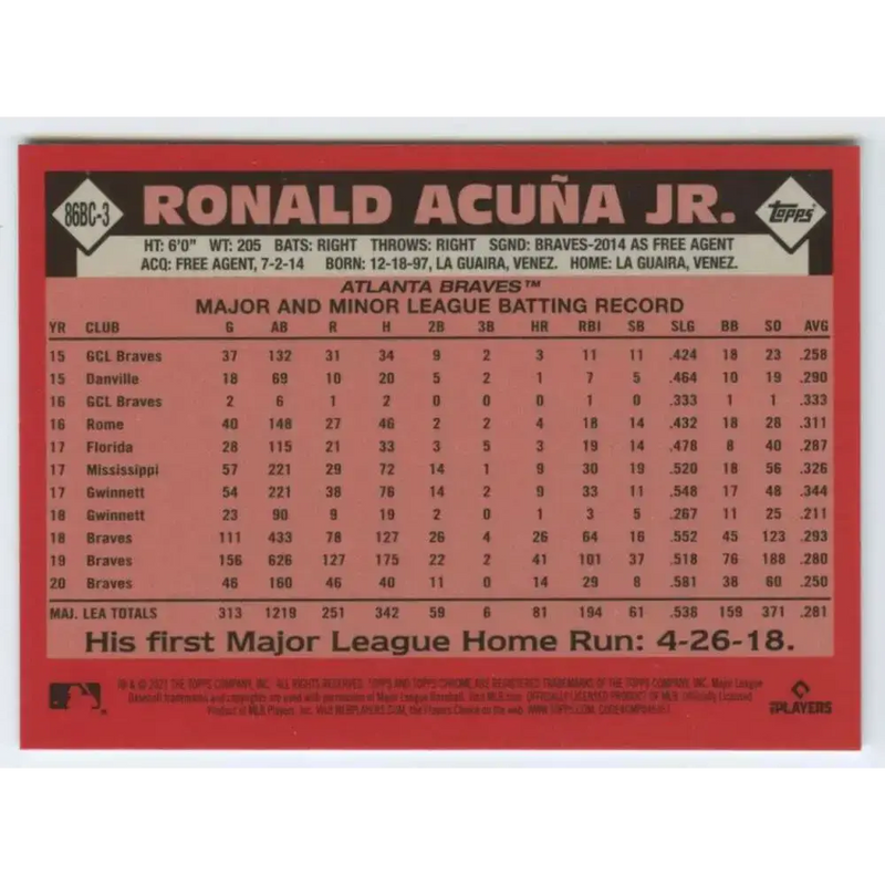 2021 Topps Chrome 1986 Topps Baseball Refractor #86BC-3 Ronald Acuna Jr. NM-MT Atlanta Braves Baseball Card - Baseball