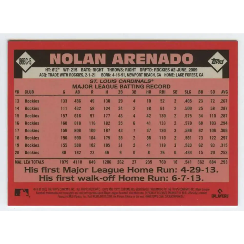 2021 Topps Chrome 1986 Topps Baseball Refractor #86BC-5 Nolan Arenado NM-MT St. Louis Cardinals Baseball Card