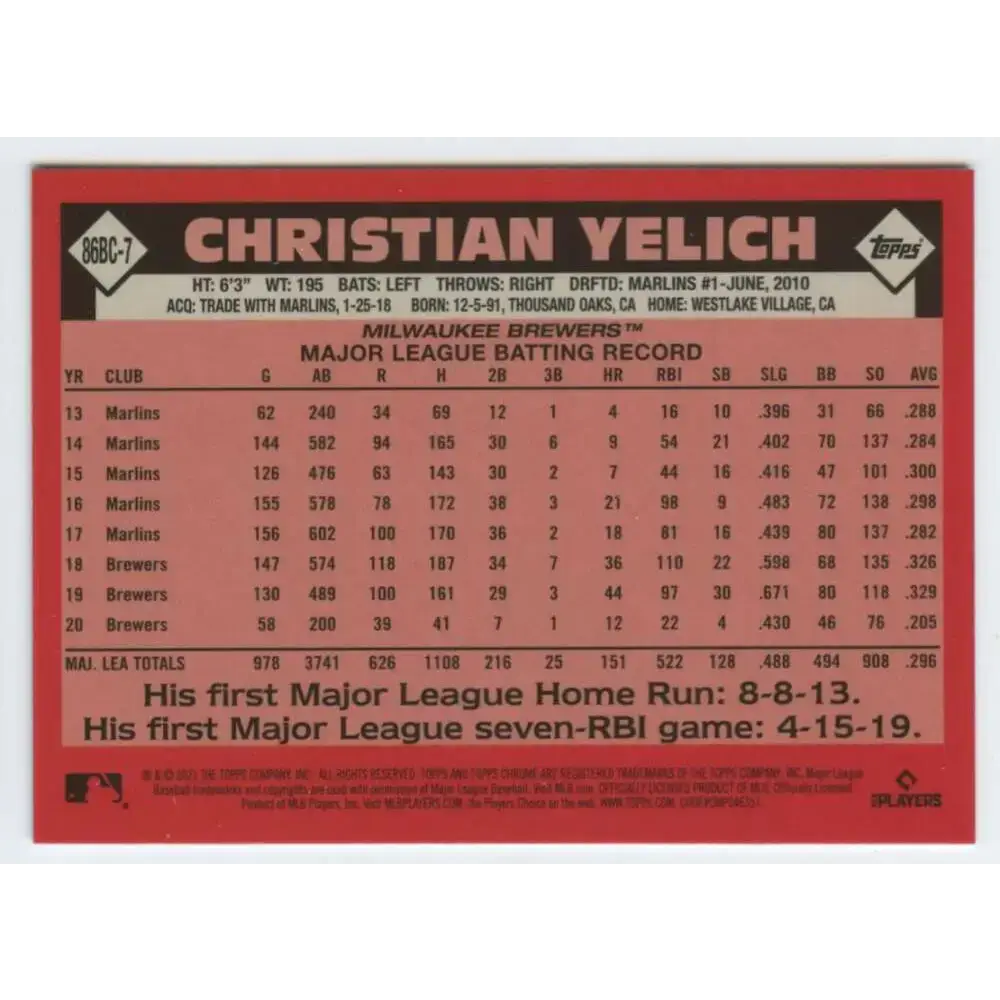 2021 Topps Chrome 1986 Topps Baseball Refractor #86BC-7 Christian Yelich NM-MT Milwaukee Brewers Baseball Card