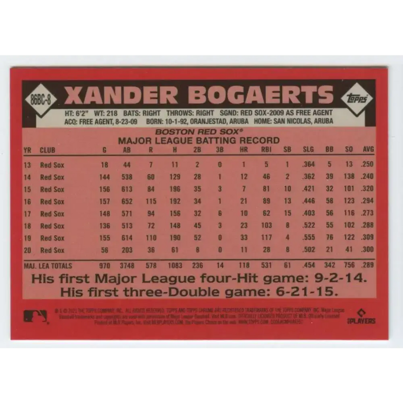 2021 Topps Chrome 1986 Topps Baseball Refractor #86BC-8 Xander Bogaerts NM-MT Boston Red Sox Baseball Card - Baseball