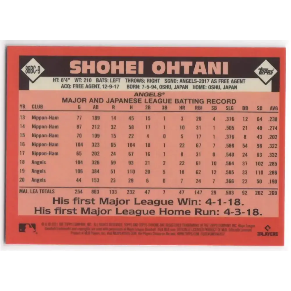 2021 Topps Chrome 1986 Topps Baseball Refractor #86BC-9 Shohei Ohtani NM-MT Los Angeles Angels Baseball Card