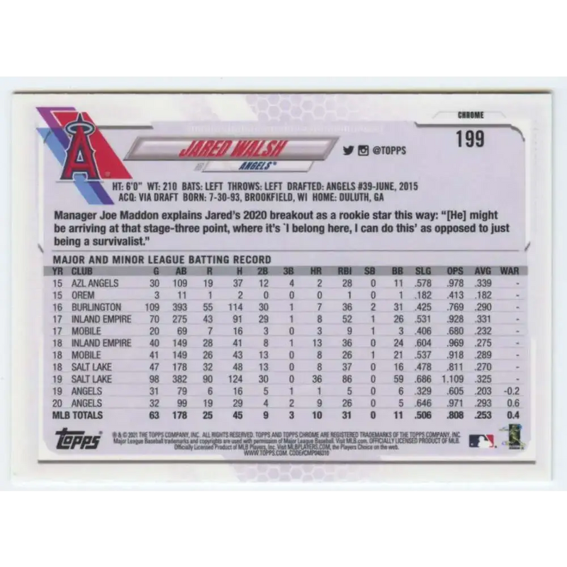 2021 Topps Chrome #199 Jared Walsh NM-MT Los Angeles Angels Baseball Card - Baseball Card Single