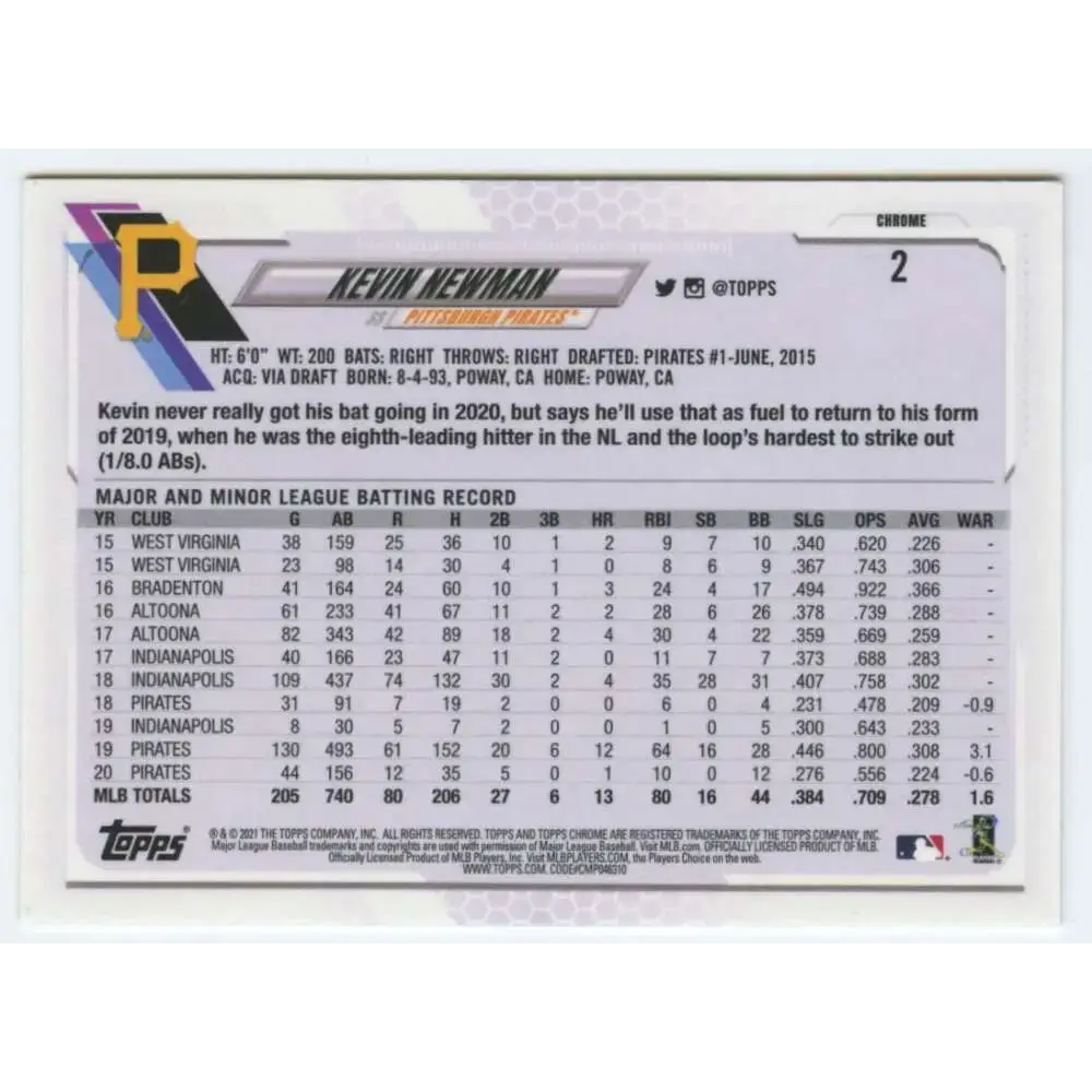 2021 Topps Chrome #2 Kevin Newman NM-MT Pittsburgh Pirates Baseball Card - Baseball Card Single