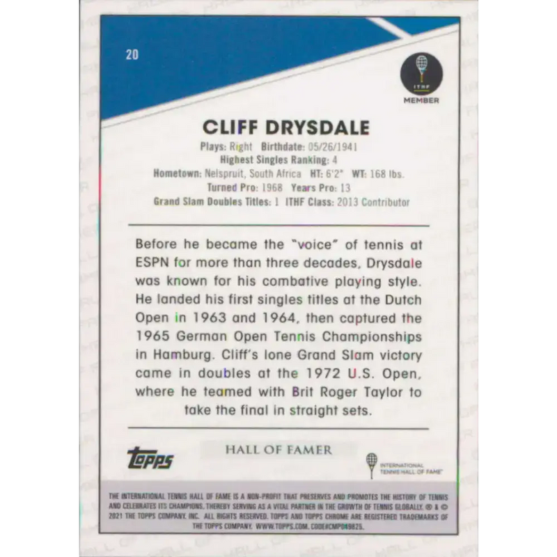 2021 Topps Chrome #20 Cliff Drysdale NM-MT Tennis Card - Other