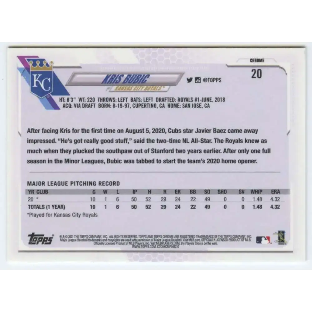 2021 Topps Chrome #20 Kris Bubic NM-MT RC Rookie Kansas City Royals Baseball Card - Baseball Card Single