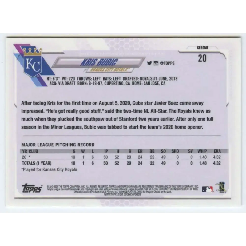 2021 Topps Chrome #20 Kris Bubic NM-MT RC Rookie Kansas City Royals Baseball Card - Baseball Card Single