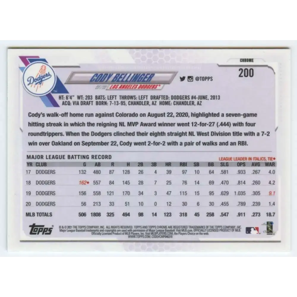 2021 Topps Chrome #200 Cody Bellinger NM-MT Los Angeles Dodgers Baseball Card - Baseball Card Single