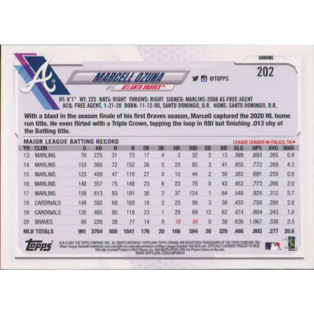 2021 Topps Chrome #202 Marcell Ozuna NM-MT Atlanta Braves Baseball Card - Baseball Card Single