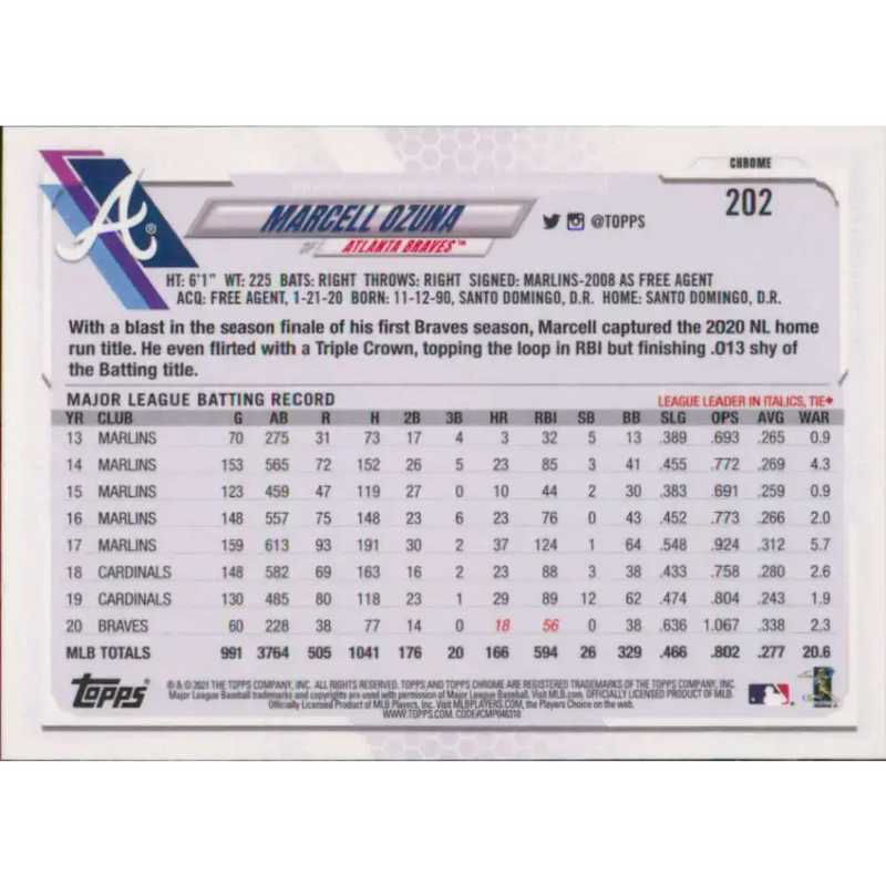 2021 Topps Chrome #202 Marcell Ozuna NM-MT Atlanta Braves Baseball Card - Baseball Card Single