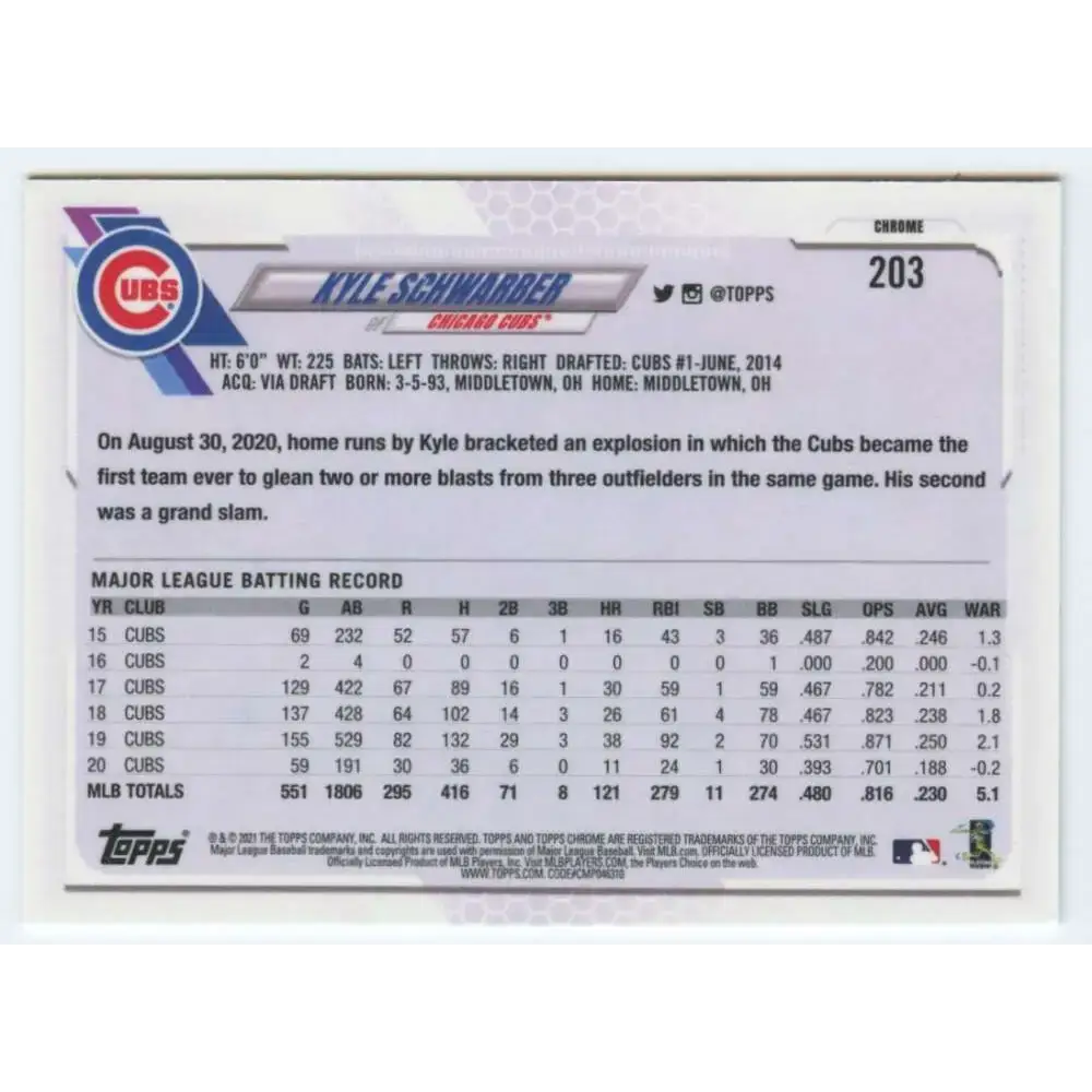 2021 Topps Chrome #203 Kyle Schwarber NM-MT Chicago Cubs Baseball Card - Baseball Card Single