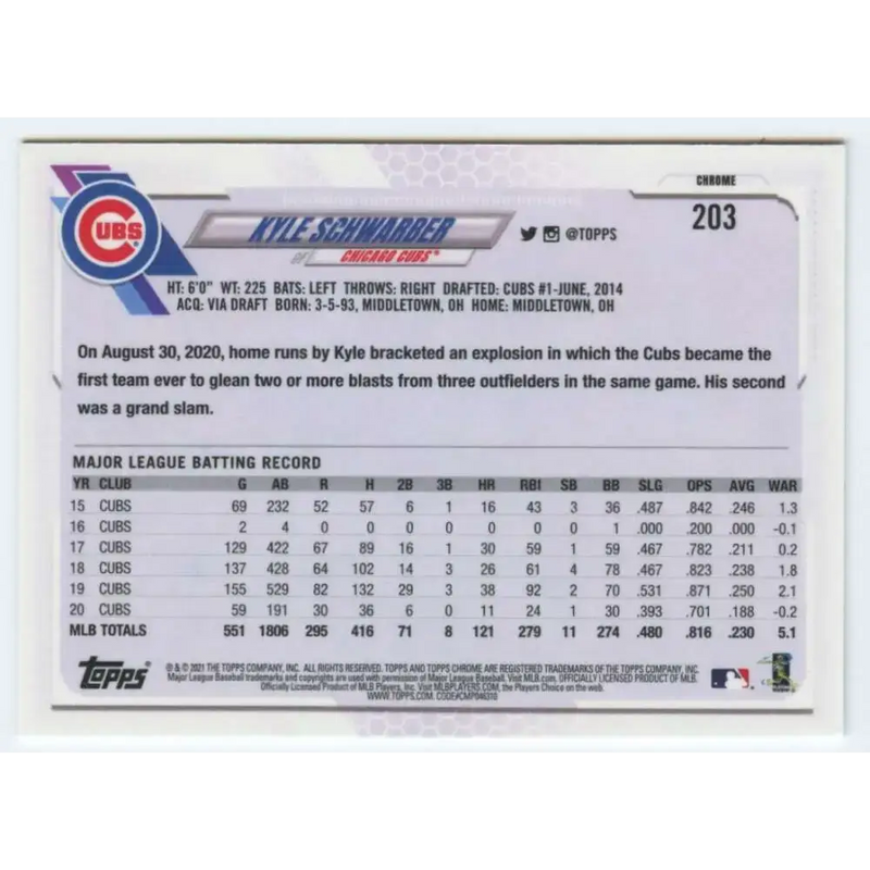 2021 Topps Chrome #203 Kyle Schwarber NM-MT Chicago Cubs Baseball Card - Baseball Card Single