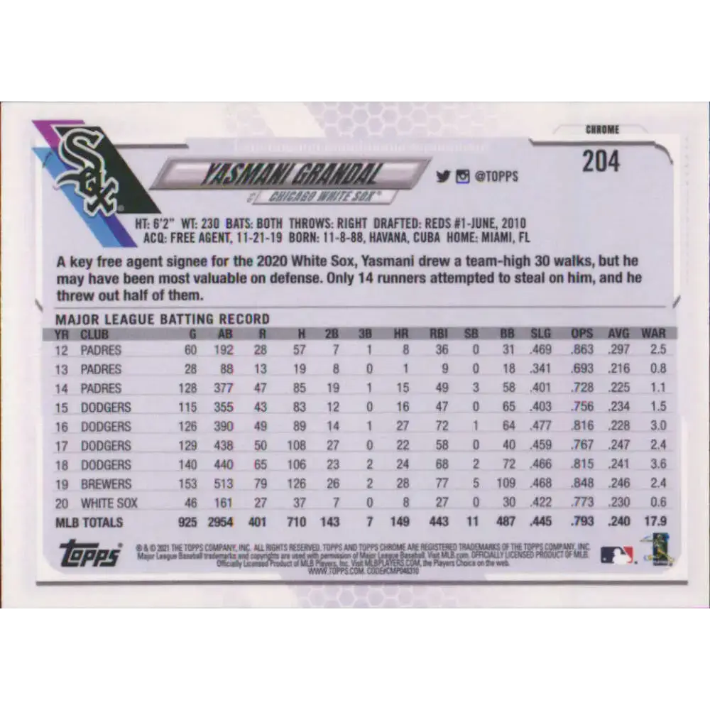 2021 Topps Chrome #204 Yasmani Grandal NM-MT Chicago White Sox Baseball Card - Baseball Card Single