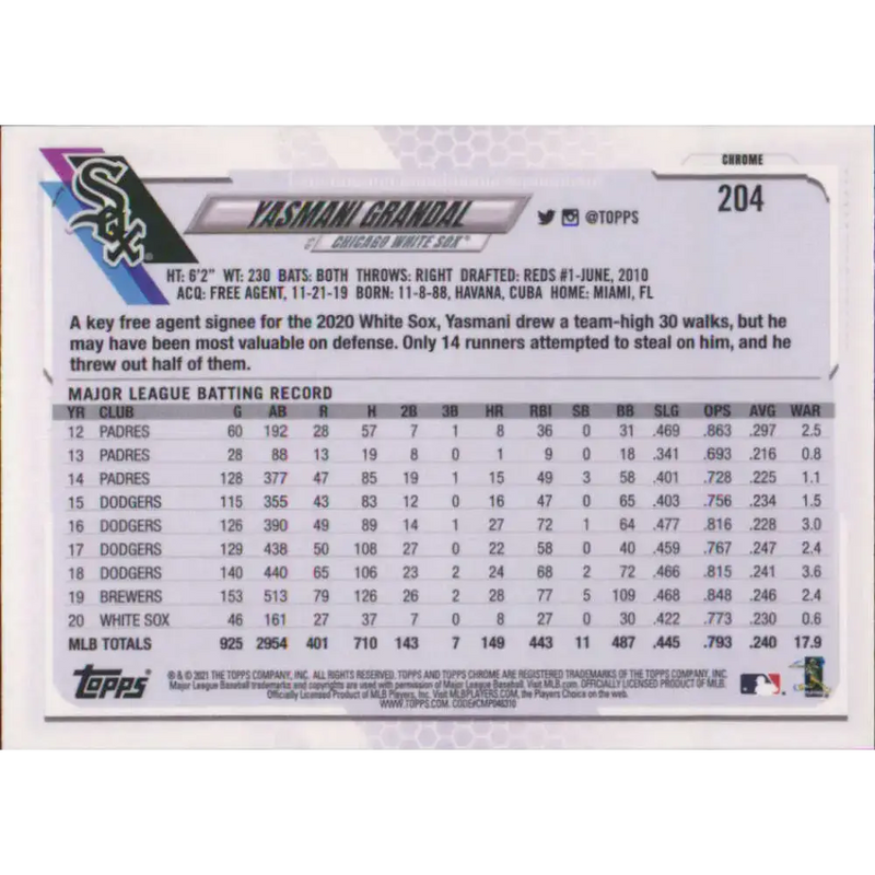 2021 Topps Chrome #204 Yasmani Grandal NM-MT Chicago White Sox Baseball Card - Baseball Card Single
