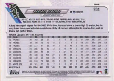 Baseball card back featuring original gloss for 2021 Topps Chrome Simply Sandoval Yasmani Grandal White Sox
