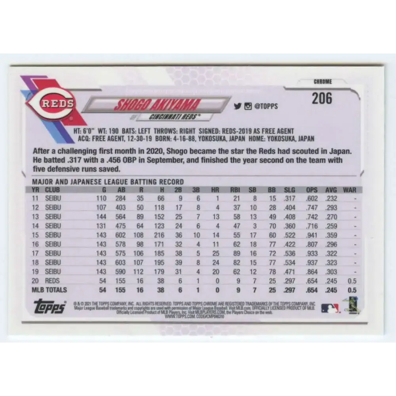 2021 Topps Chrome #206 Shogo Akiyama NM-MT Cincinnati Reds Baseball Card - Baseball Card Single
