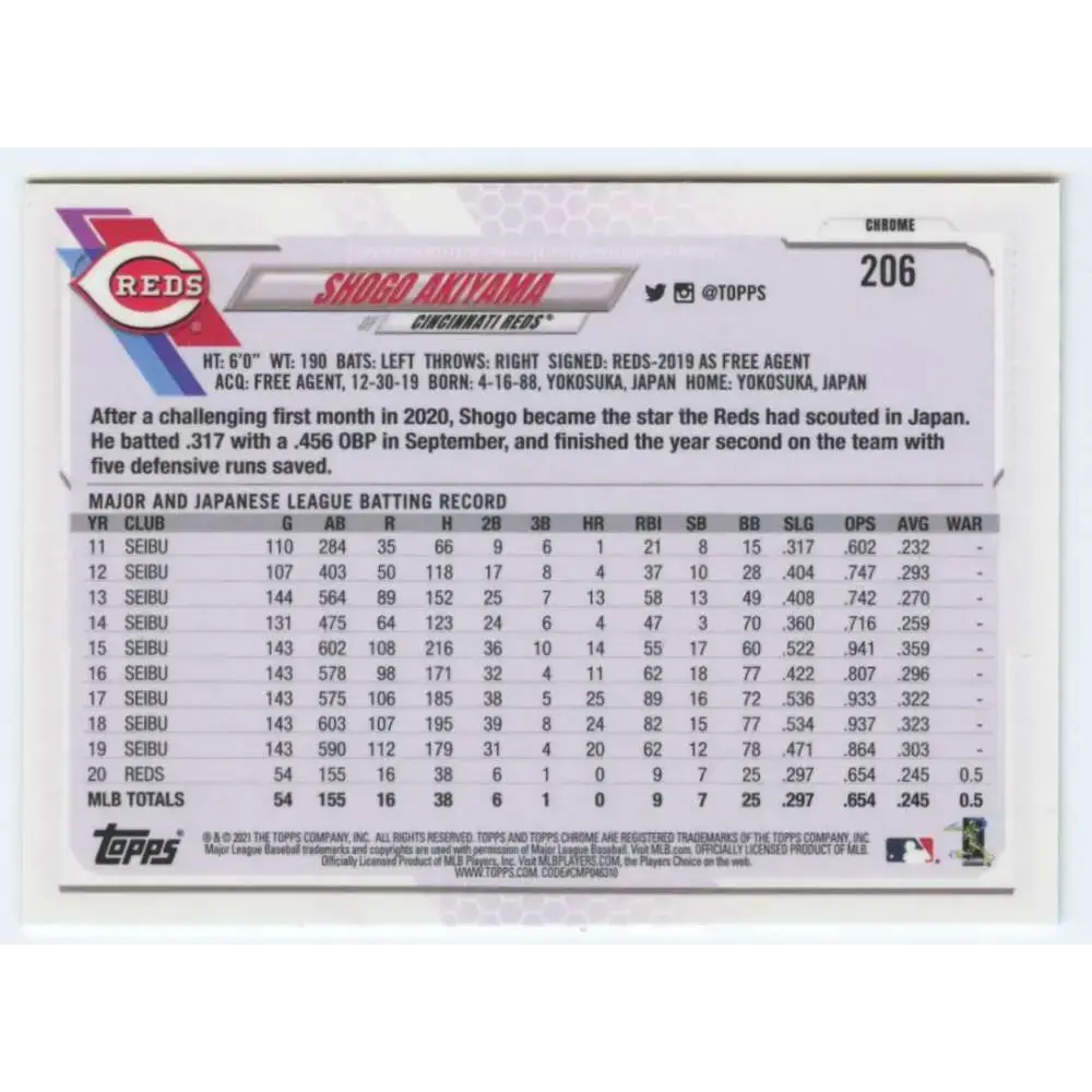 2021 Topps Chrome #206 Shogo Akiyama NM-MT Cincinnati Reds Baseball Card - Baseball Card Single