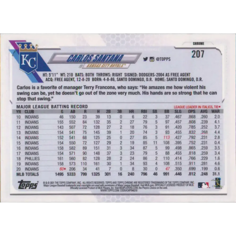 2021 Topps Chrome #207 Carlos Santana NM-MT Kansas City Royals Baseball Card - Baseball Card Single
