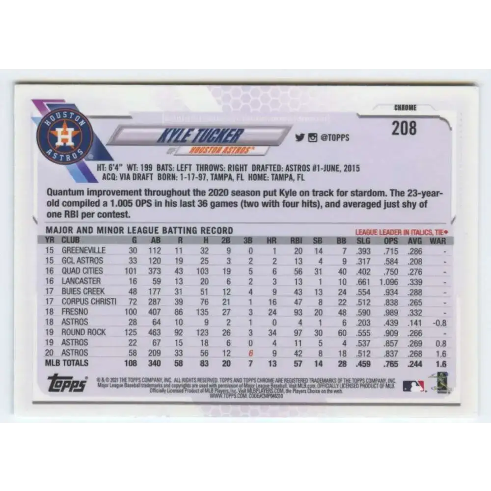 2021 Topps Chrome #208 Kyle Tucker NM-MT Houston Astros Baseball Card - Baseball Card Single