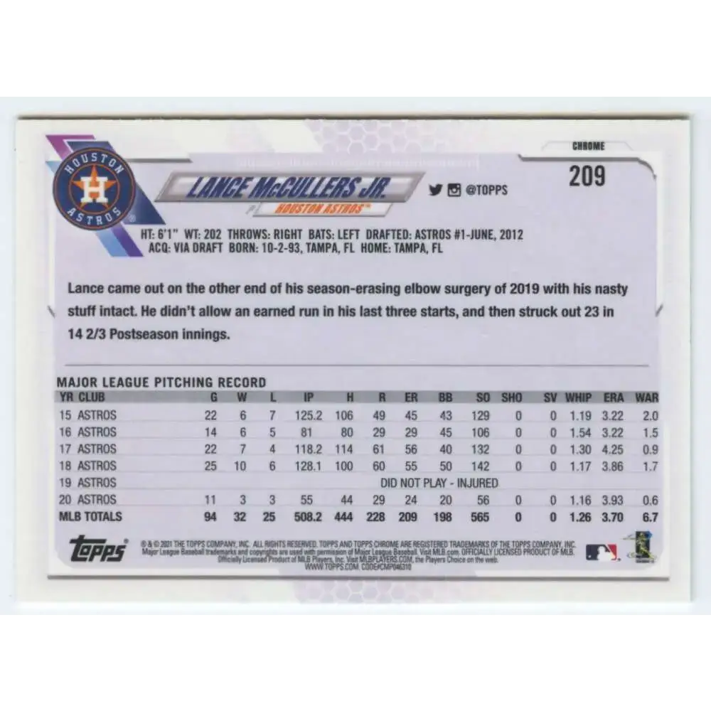 2021 Topps Chrome #209 Lance McCullers Jr. NM-MT Houston Astros Baseball Card - Baseball Card Single