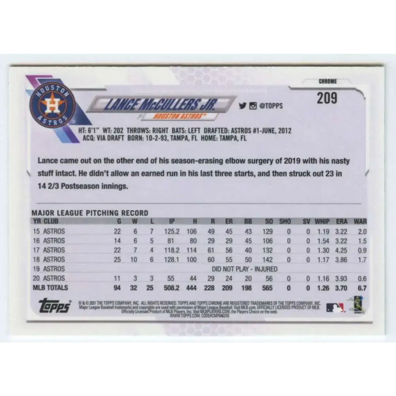 2021 Topps Chrome #209 Lance McCullers Jr. NM-MT Houston Astros Baseball Card - Baseball Card Single