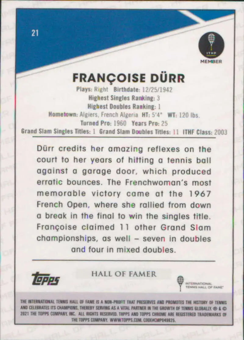 2021 Topps Chrome #21 Francoise Durr EX Excellent Tennis Card - Tennis Card Single
