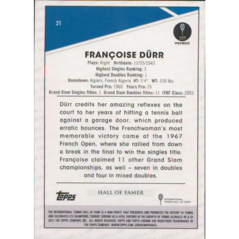 2021 Topps Chrome #21 Francoise Durr NM-MT Tennis Card - Tennis Card Single