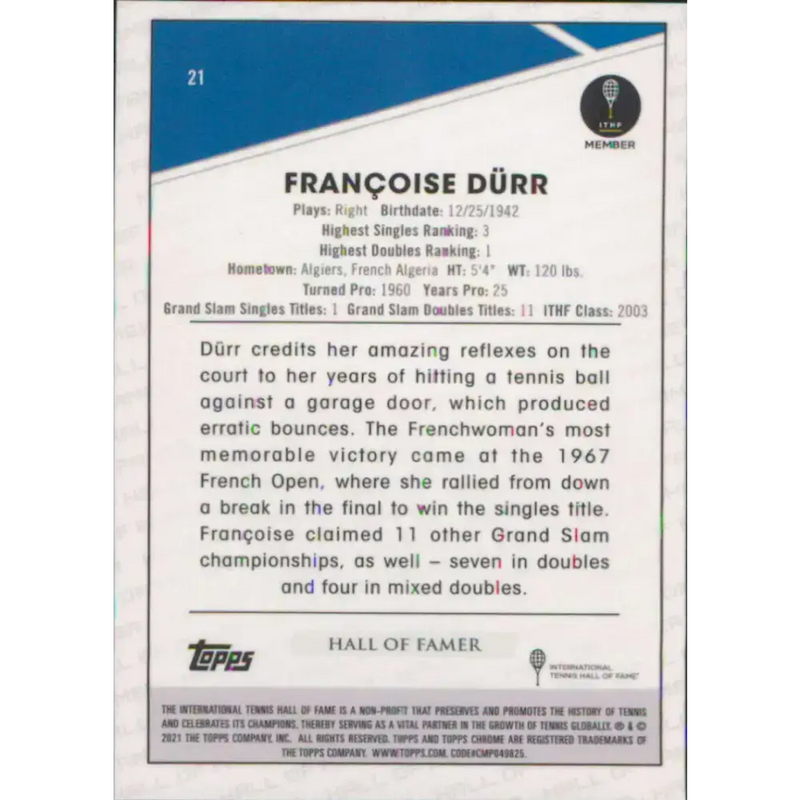 2021 Topps Chrome #21 Francoise Durr NM-MT Tennis Card - Tennis Card Single