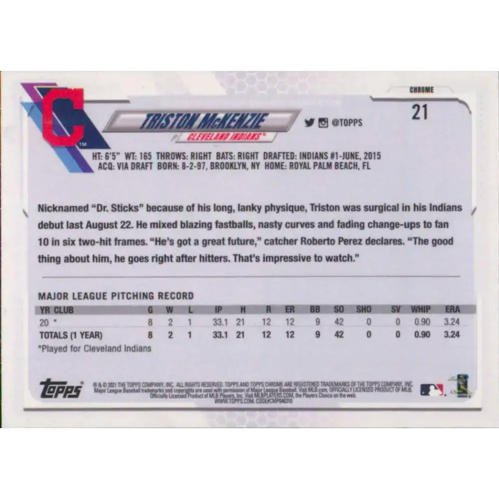2021 Topps Chrome #21 Triston McKenzie NM-MT RC Rookie Cleveland Indians Baseball Card - Baseball Card Single