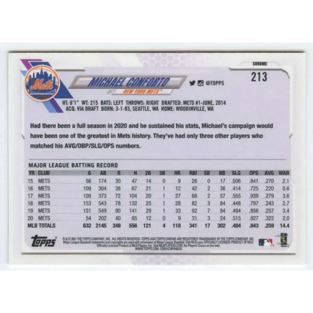 2021 Topps Chrome #213 Michael Conforto NM-MT New York Mets Baseball Card - Baseball Card Single