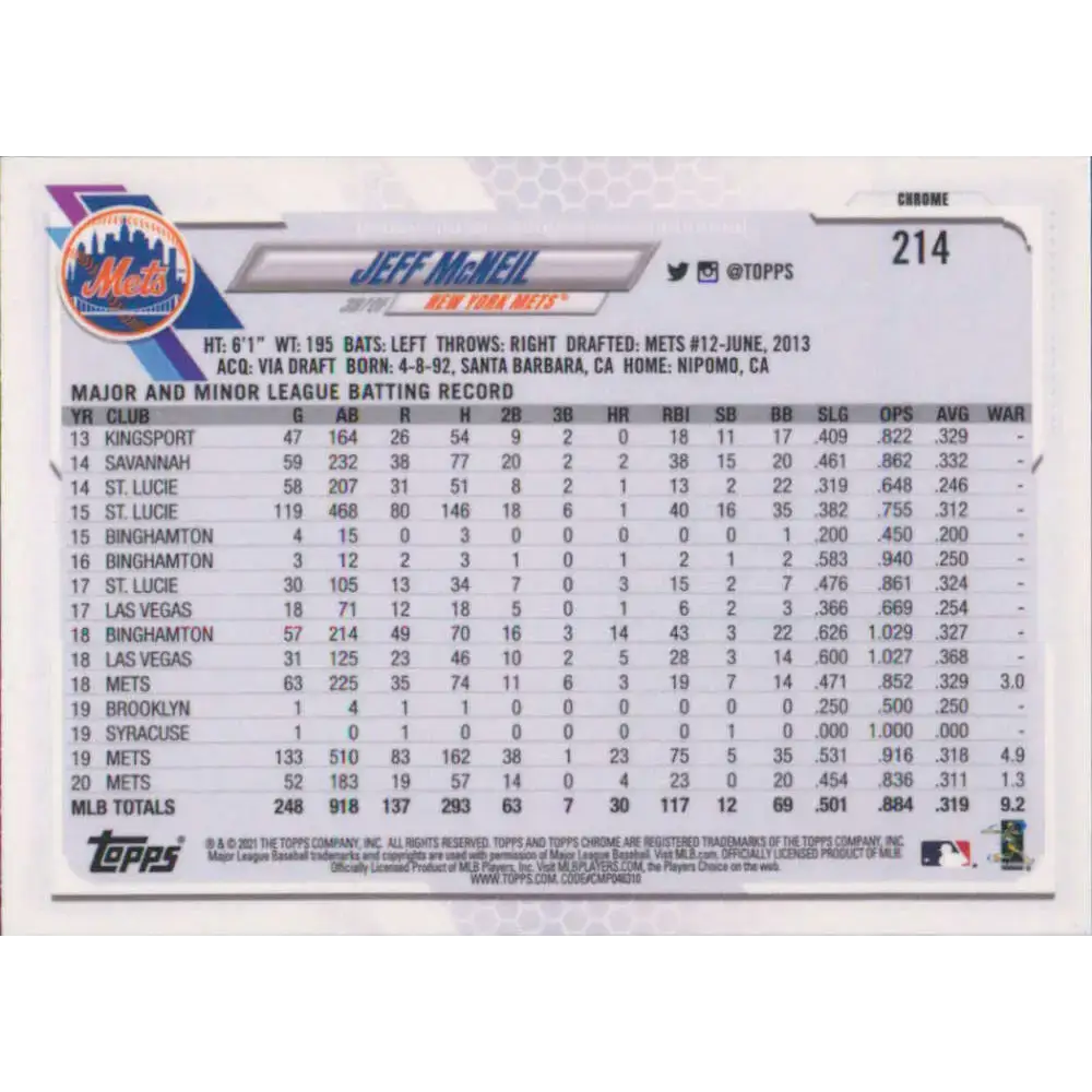 2021 Topps Chrome #214 Jeff McNeil NM-MT New York Mets Baseball Card - Baseball Card Single