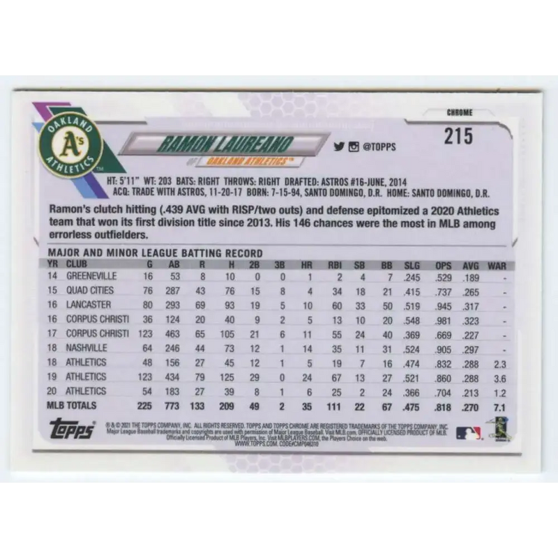 2021 Topps Chrome #215 Ramon Laureano NM-MT Oakland Athletics Baseball Card - Baseball Card Single
