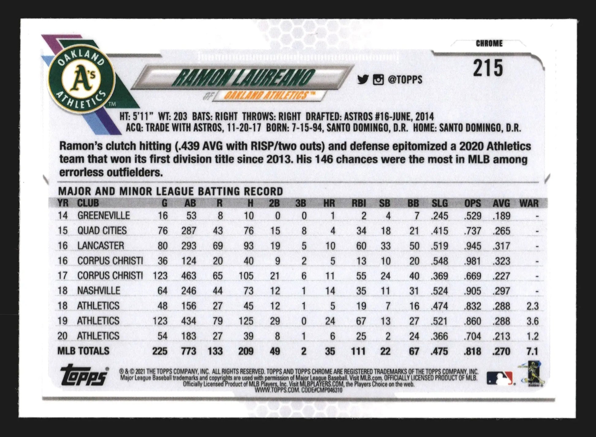 2021 Topps Chrome #215 Ramon Laureano X-Fractor Oakland Athletics - Baseball Card Single
