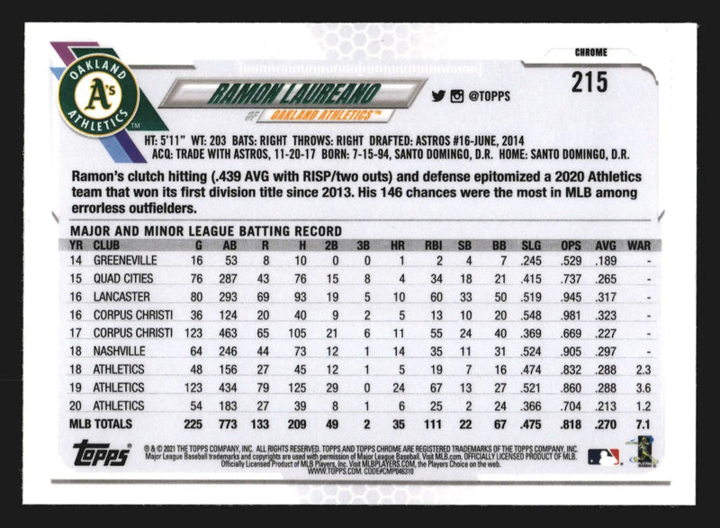 2021 Topps Chrome #215 Ramon Laureano X-Fractor Oakland Athletics - Baseball Card Single