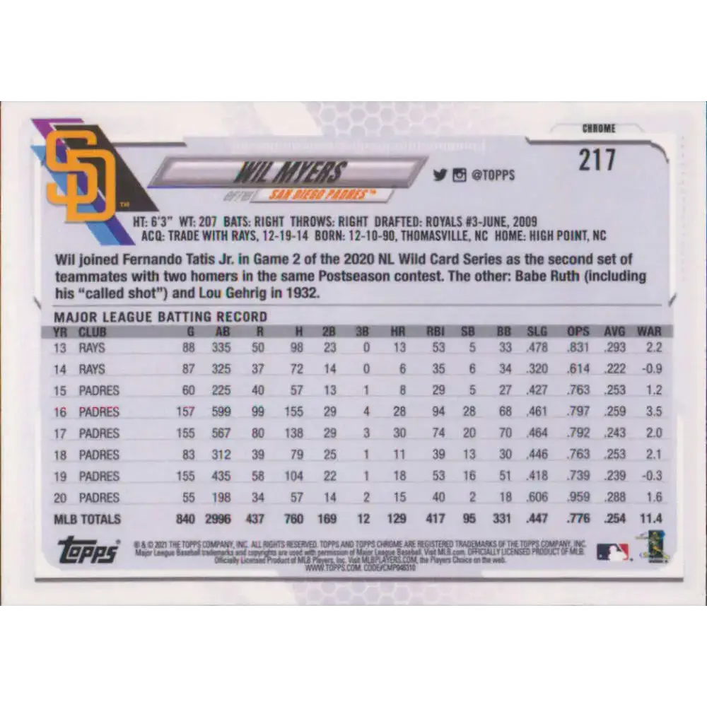 2021 Topps Chrome #217 Wil Myers NM-MT San Diego Padres Baseball Card - Baseball Card Single