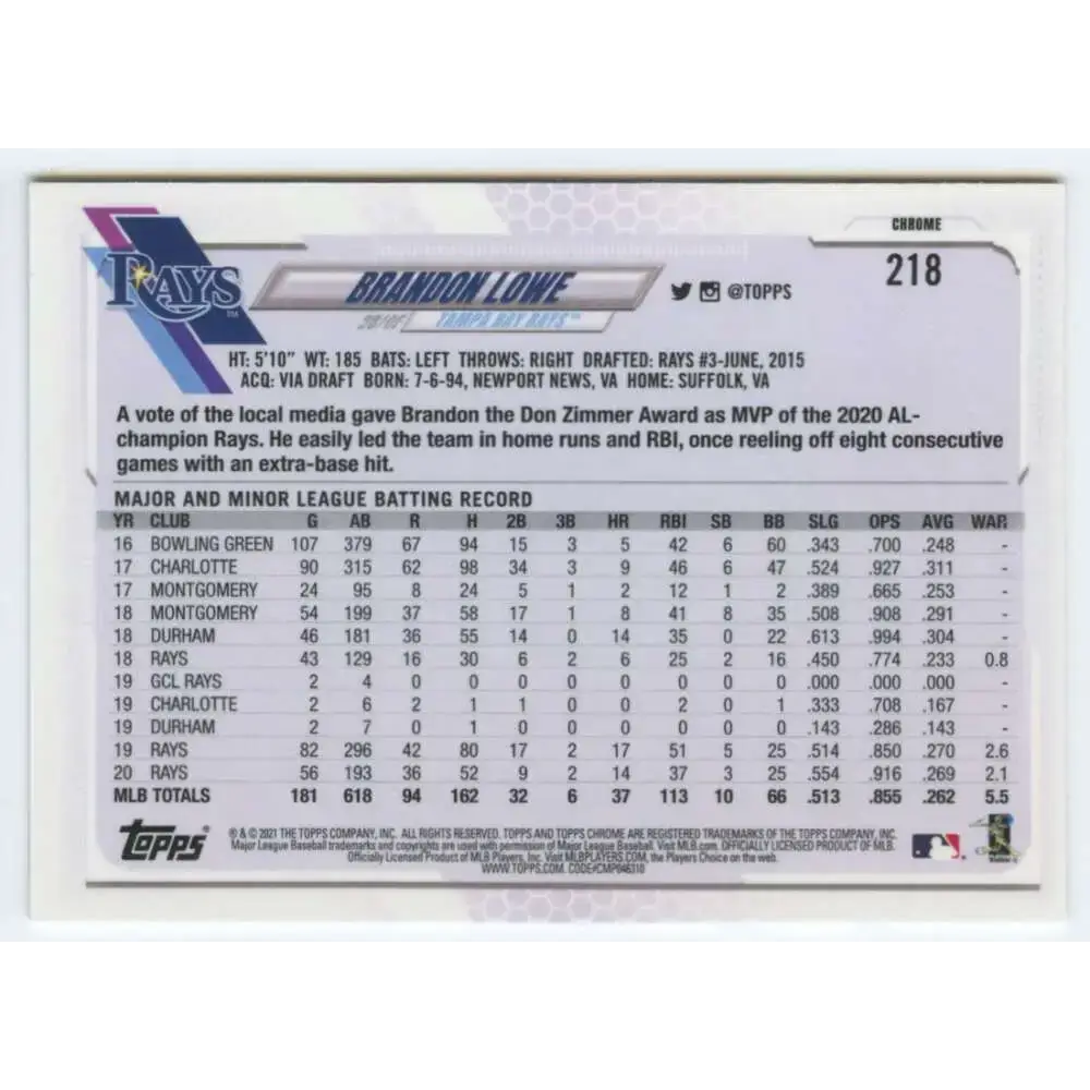 2021 Topps Chrome #218 Brandon Lowe NM-MT Tampa Bay Rays Baseball Card - Baseball Card Single