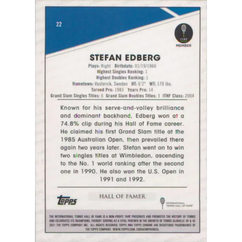 2021 Topps Chrome #22 Stefan Edberg NM-MT Tennis Card - Other