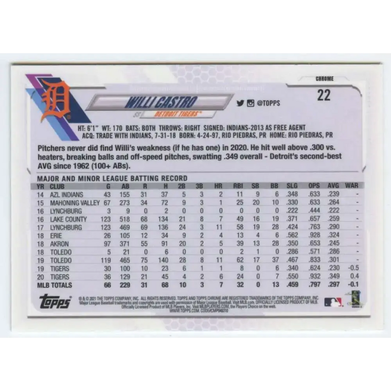 2021 Topps Chrome #22 Willi Castro NM-MT Detroit Tigers Baseball Card - Baseball Card Single