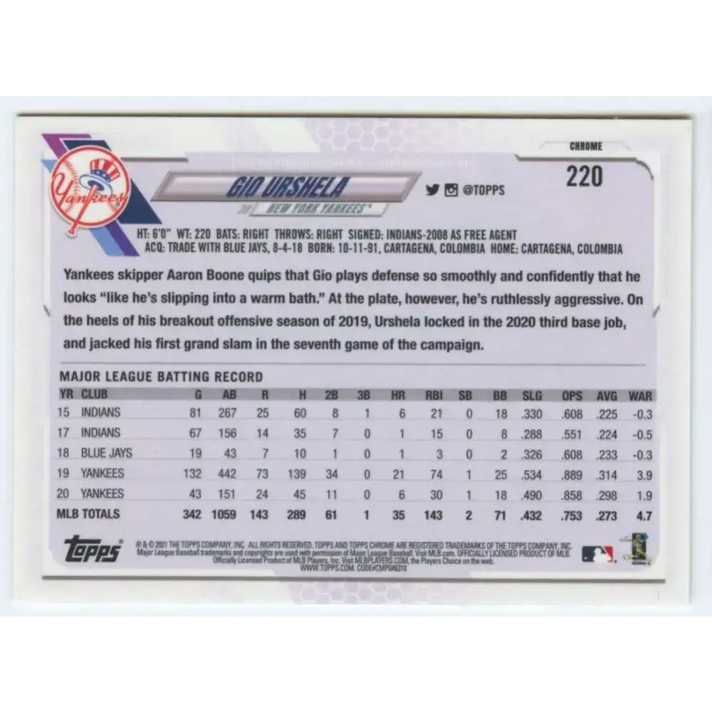 2021 Topps Chrome #220 Gio Urshela NM-MT New York Yankees Baseball Card - Baseball Card Single
