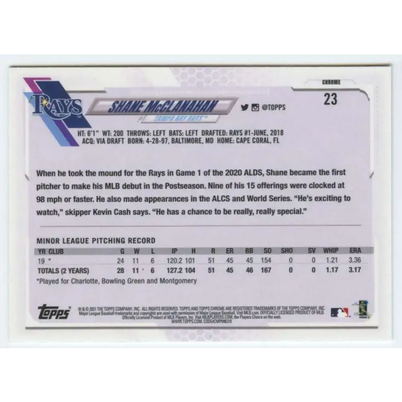 2021 Topps Chrome #23 Shane McClanahan NM-MT RC Rookie Tampa Bay Rays Baseball Card - Baseball Card Single