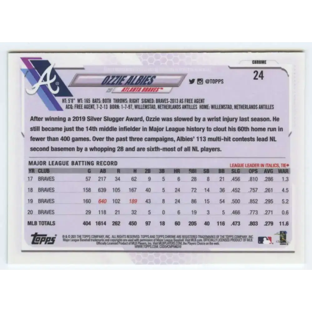 2021 Topps Chrome #24 Ozzie Albies NM-MT Atlanta Braves Baseball Card - Baseball Card Single