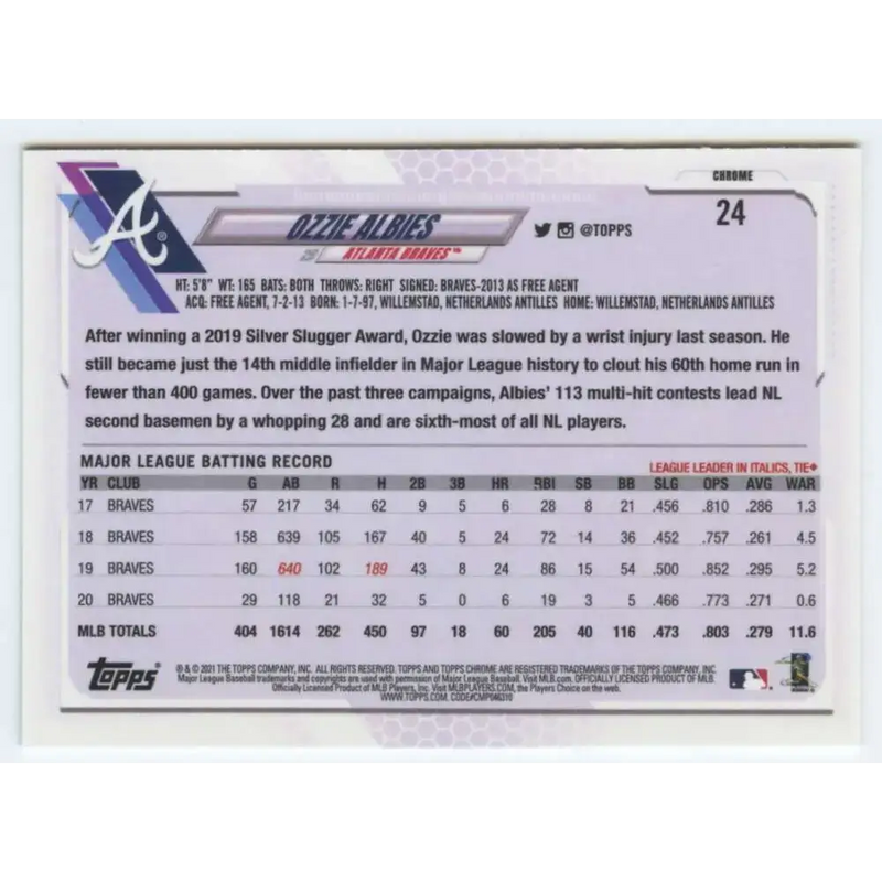 2021 Topps Chrome #24 Ozzie Albies NM-MT Atlanta Braves Baseball Card - Baseball Card Single