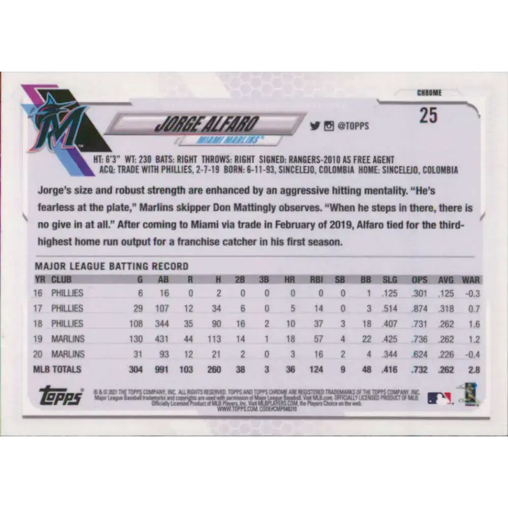 2021 Topps Chrome #25 Jorge Alfaro NM-MT Miami Marlins Baseball Card - Baseball Card Single