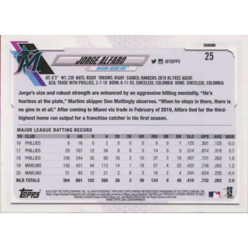 2021 Topps Chrome #25 Jorge Alfaro NM-MT Miami Marlins Baseball Card - Baseball Card Single