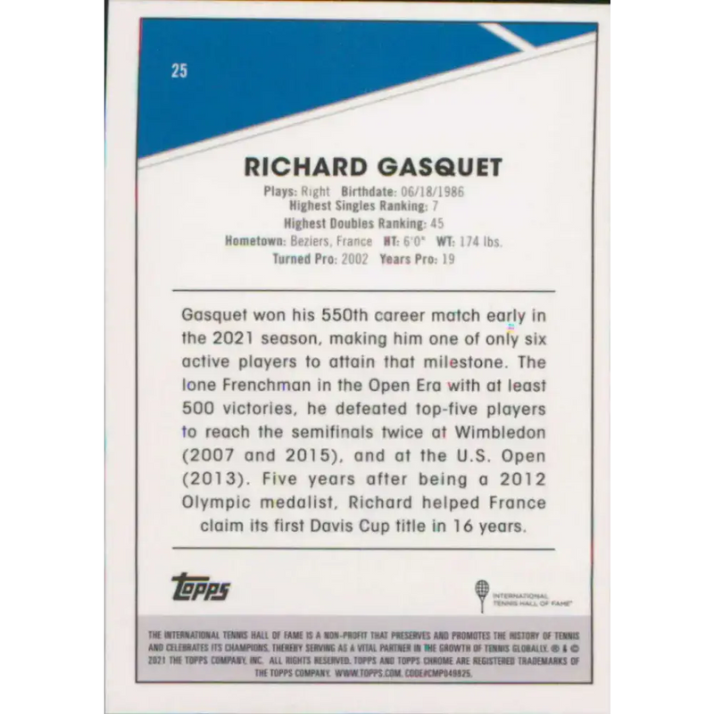 2021 Topps Chrome #25 Richard Gasquet NM-MT Tennis Card - Other