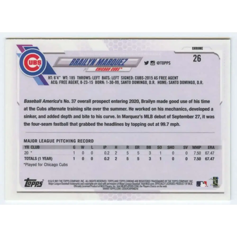 2021 Topps Chrome #26 Brailyn Marquez NM-MT RC Rookie Chicago Cubs Baseball Card - Baseball Card Single
