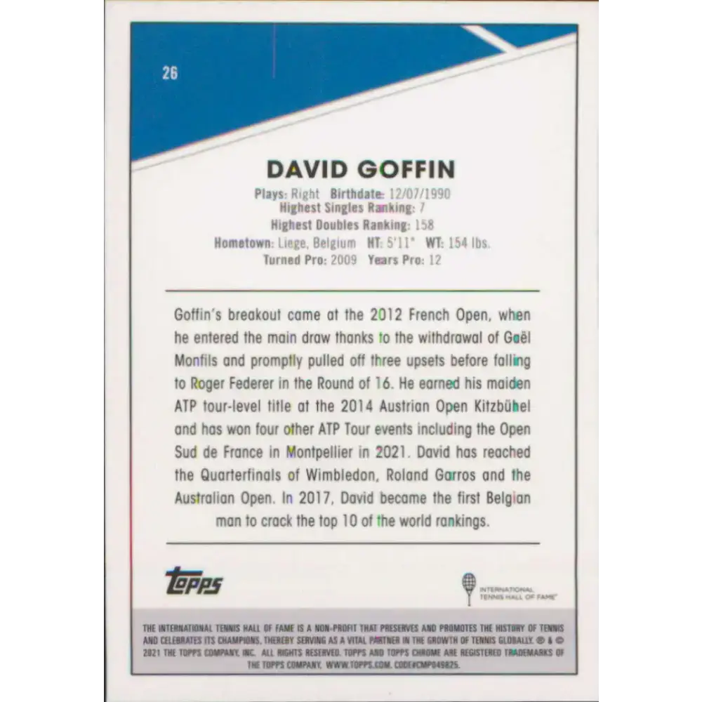 2021 Topps Chrome #26 David Goffin NM-MT Tennis Card - Other