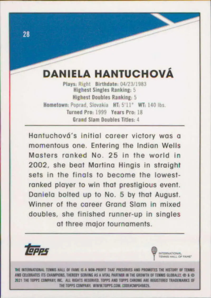 2021 Topps Chrome #28 Daniela Hantuchova EX Excellent Tennis Card - Other