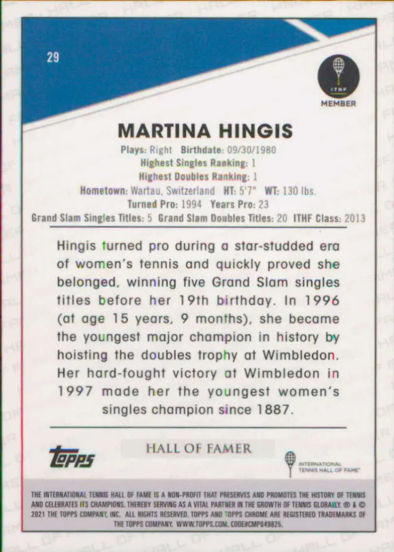 2021 Topps Chrome #29 Martina Hingis EX Excellent Tennis Card - Other