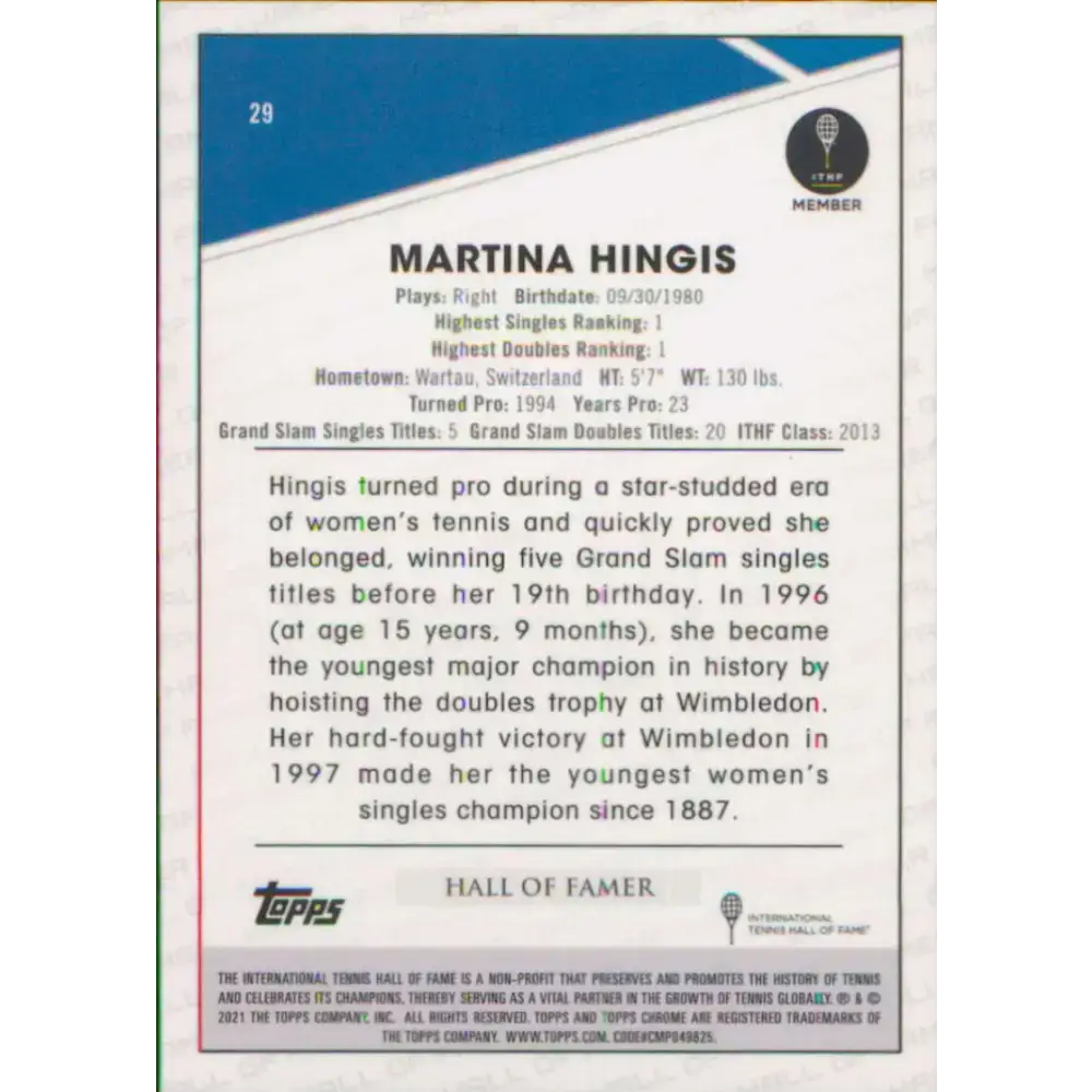 2021 Topps Chrome #29 Martina Hingis NM-MT Tennis Card - Sports Memorabilia