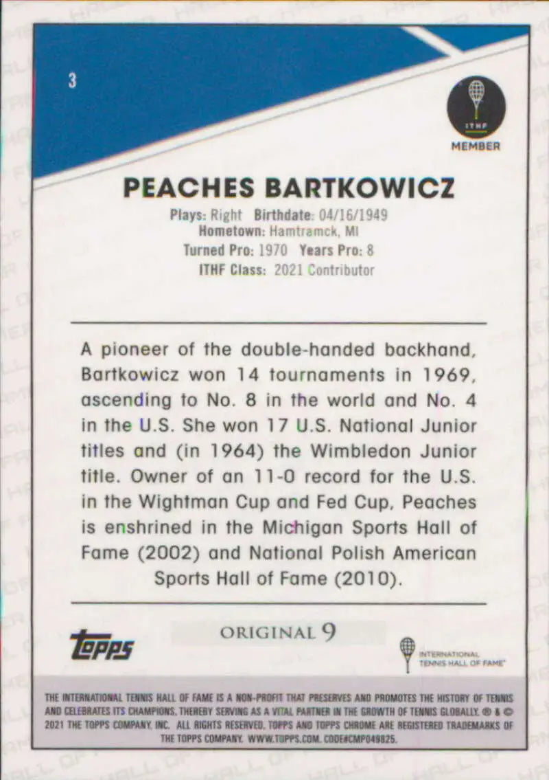 2021 Topps Chrome #3 Peaches Bartkowicz EX Excellent Tennis Card - Other